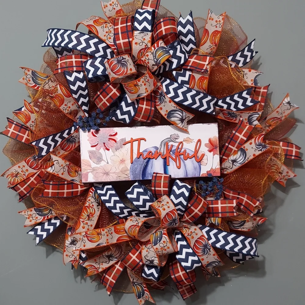 Festive Thankful Wreath with Orange and Blue Ribbons